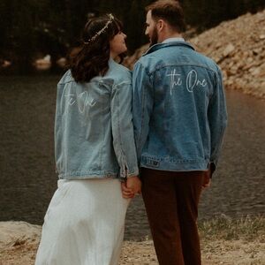 Two Custom made “the one” jean jackets for wedding